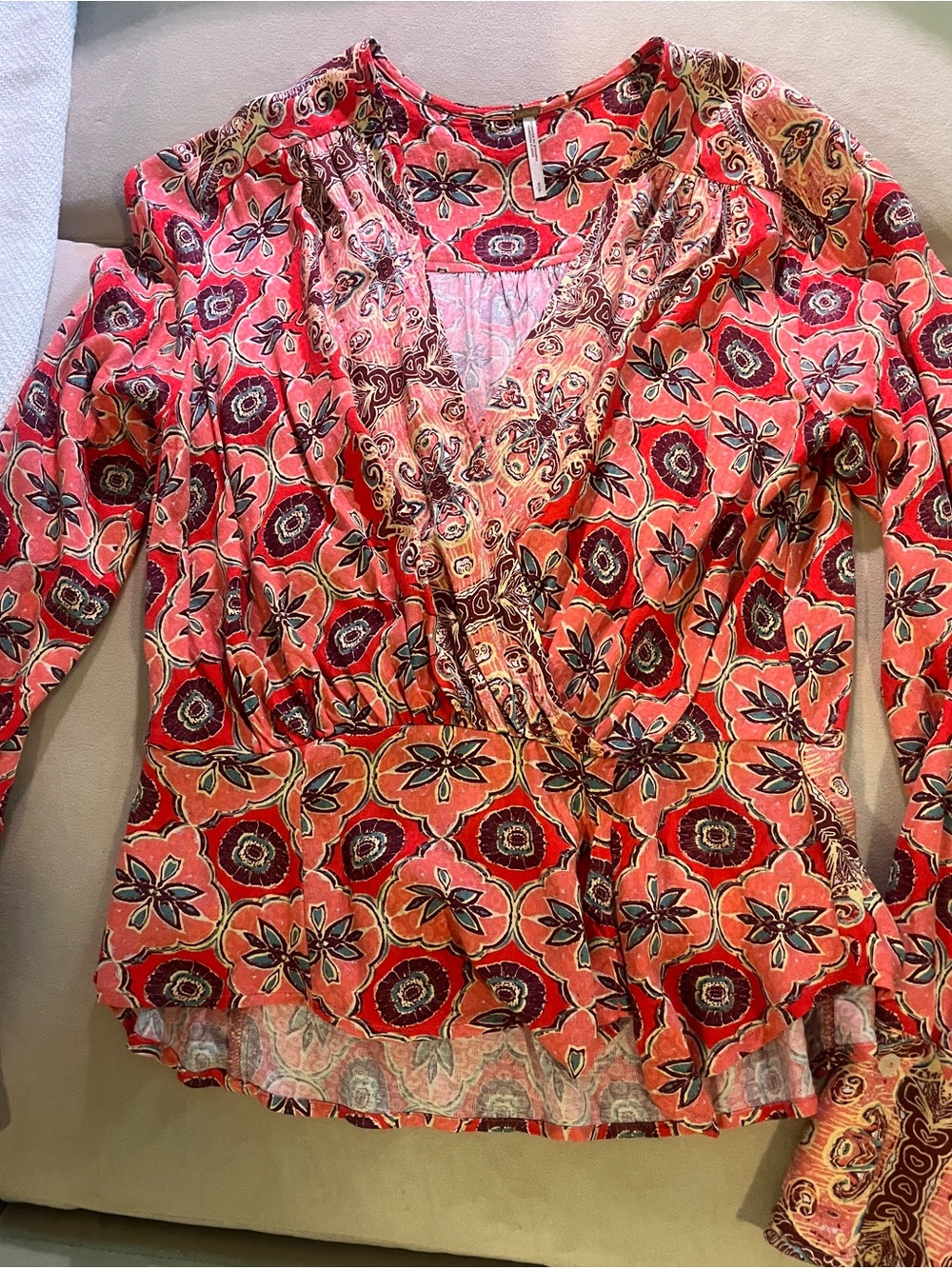 Free People Coral Floral Faux Wrap Blouse